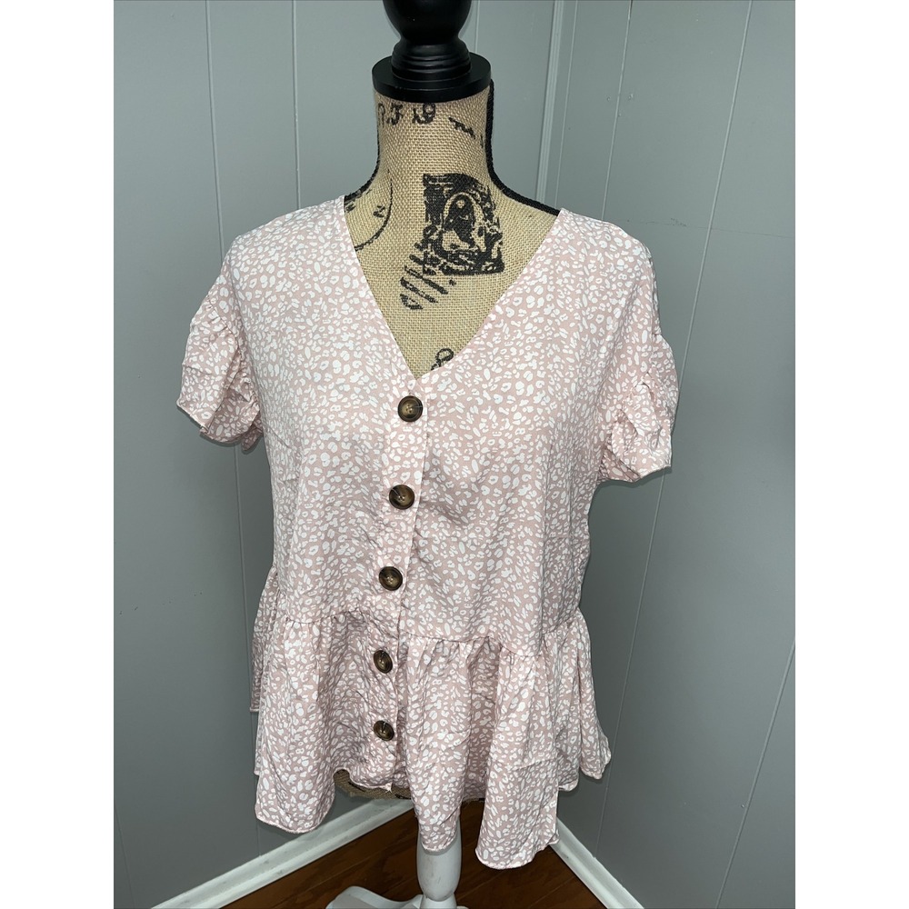 Shein Button up Blouse Size M Babydoll Pink Printed Short Sleeve Top